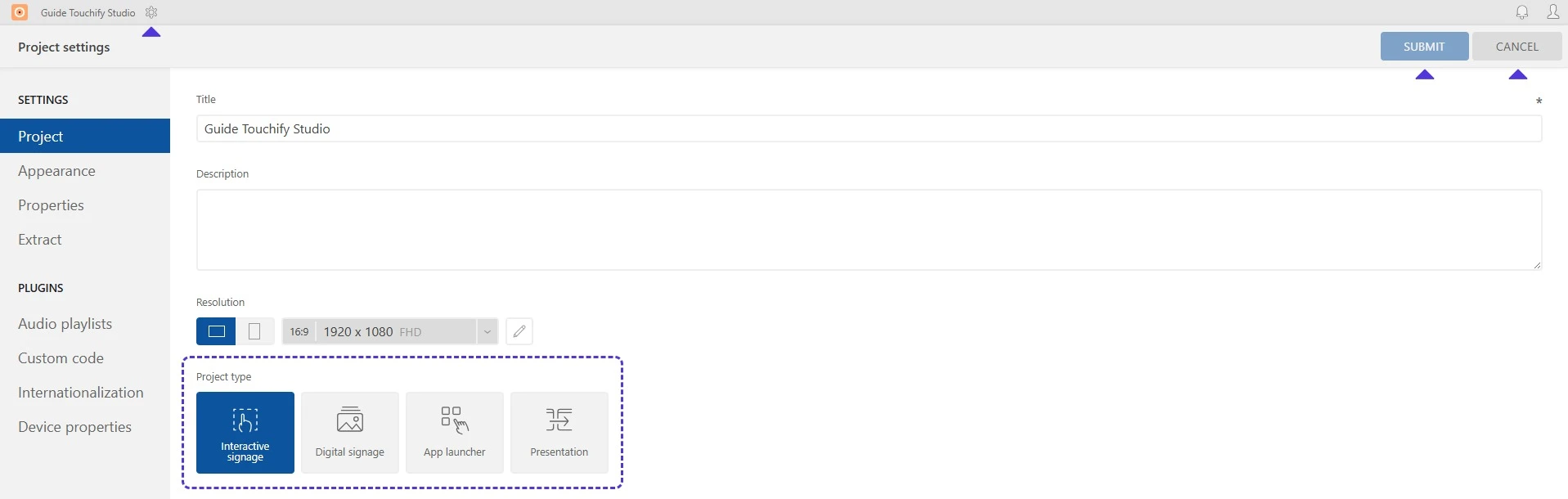 Changing the project type in settings