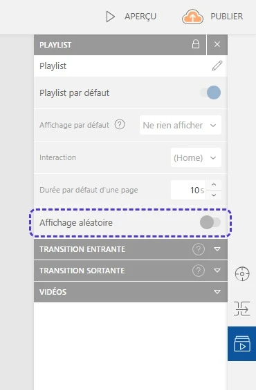 Options de la playlist avec activation du mode aléatoire