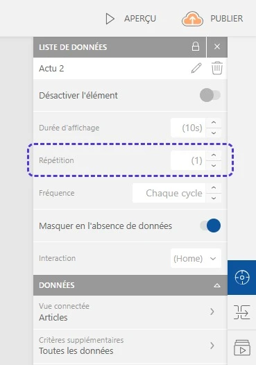 Option de répétition des éléments