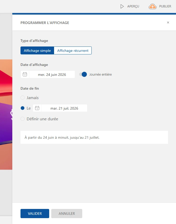 Exemple de condition d'affichage par dates