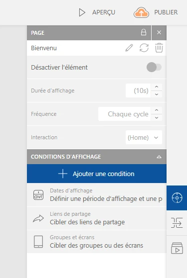 Fenêtre Conditions d'affichage dans le panneau de droite