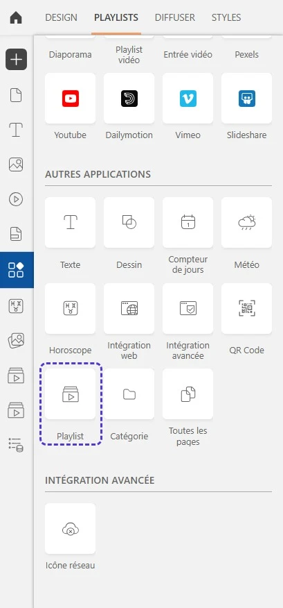 Ajout d'une playlist imbriquée via le menu Apps