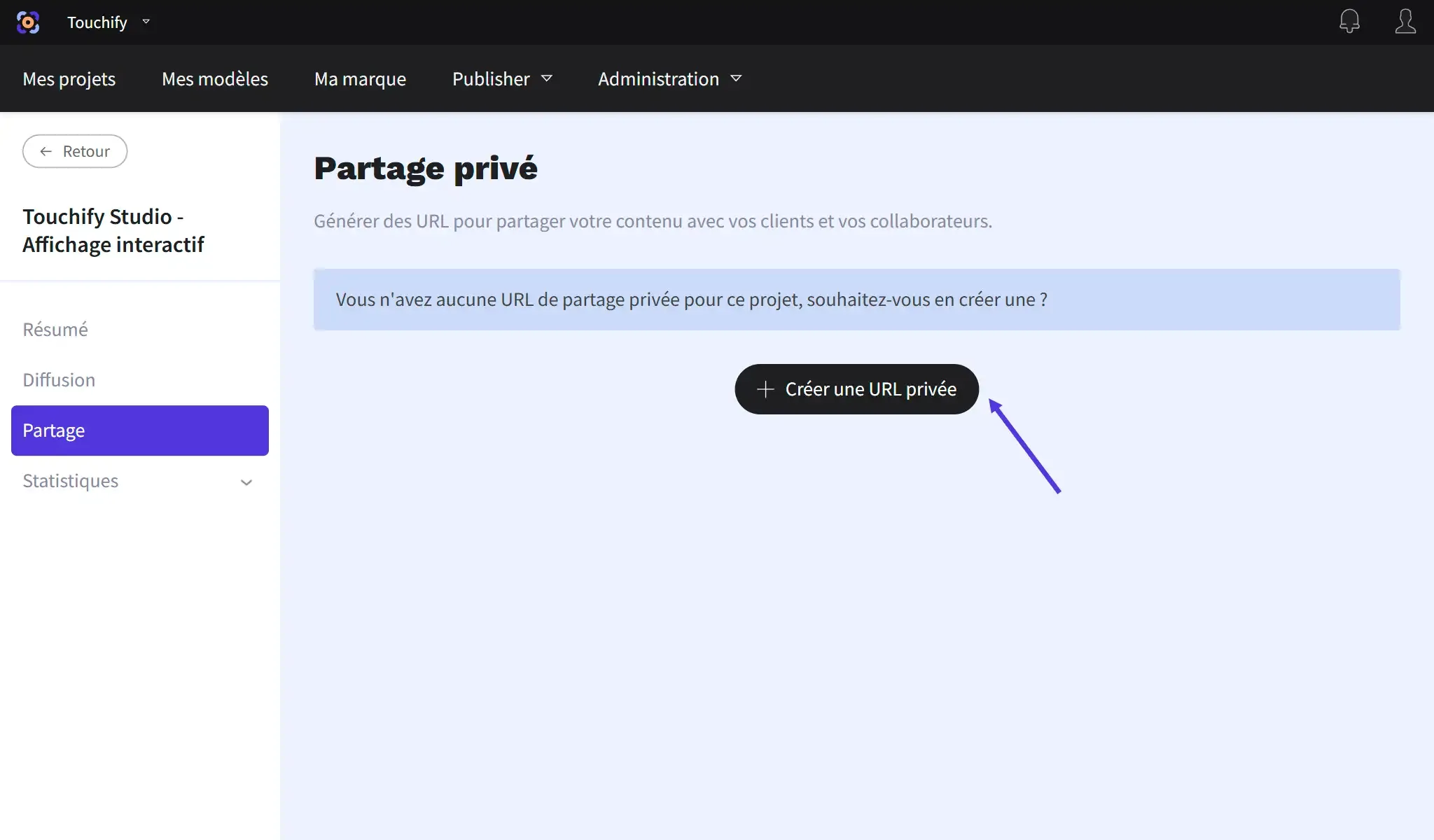 Bouton créer une URL privée