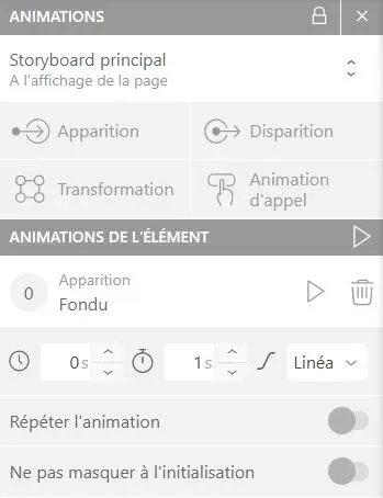 Panneau des animations avec une animation sélectionnée