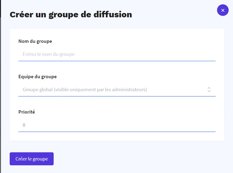 Formulaire de création d'un groupe de diffusion
