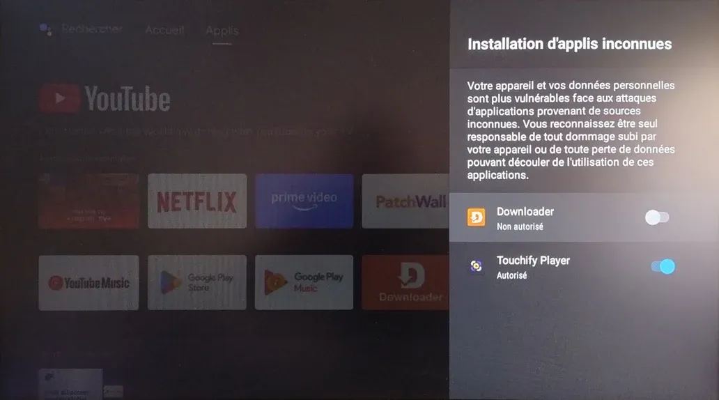 Autoriser la mise à jour de Touchify dans les paramètres d'Android TV
