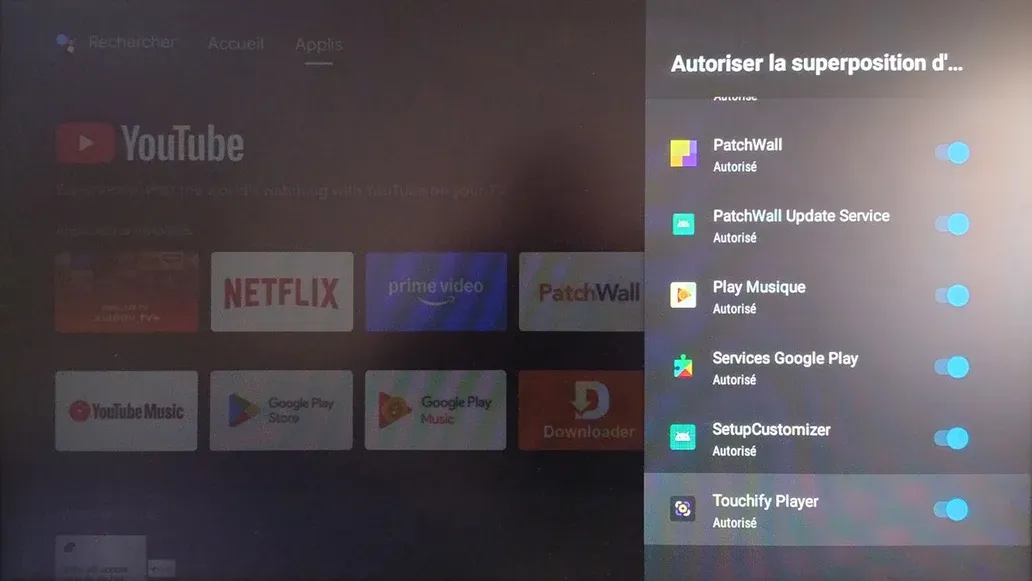 Autoriser la superposition de Touchify dans les paramètres d'Android TV