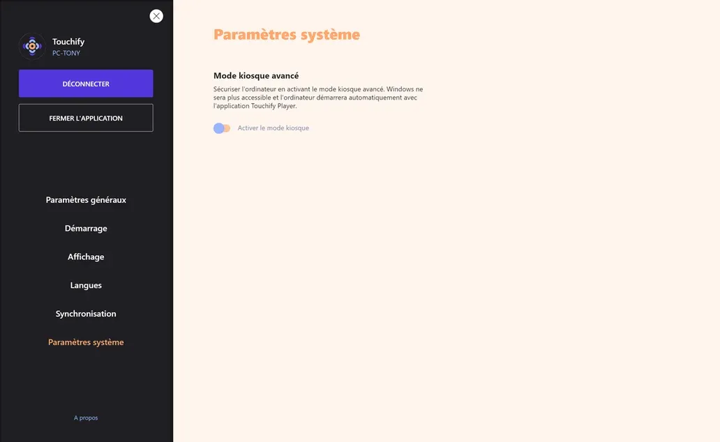 Popup d'activation du mode kiosque