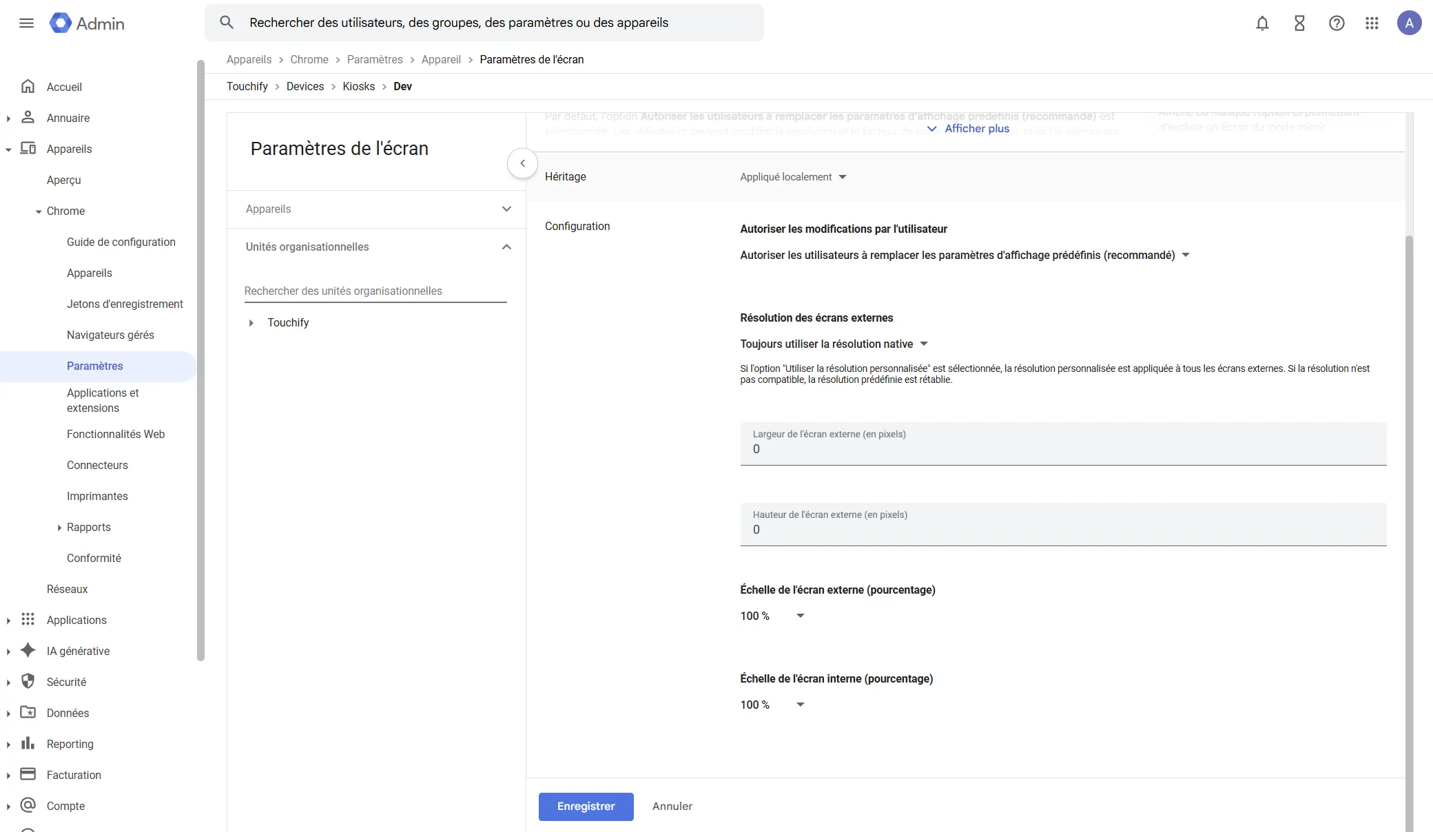 Paramètres d'affichage dans Google Admin
