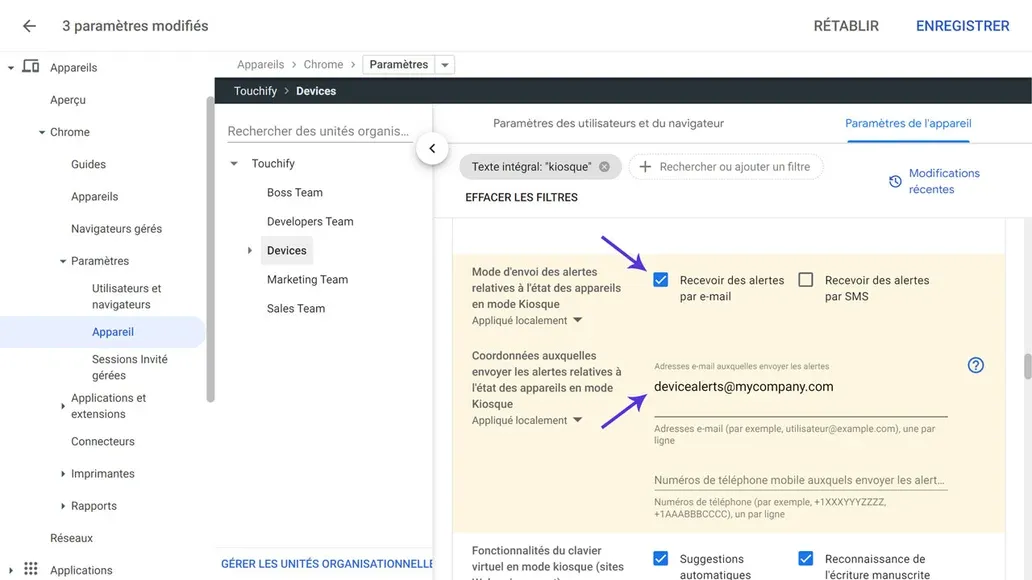Paramètres d'alertes d'appareils dans Google Admin