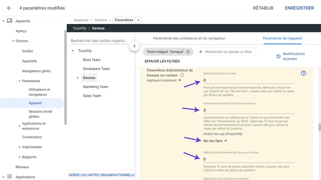 Paramètres d'alimentation d'appareils dans Google Admin