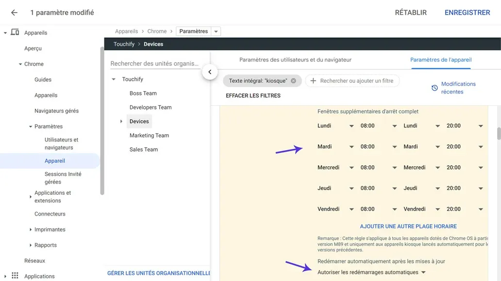 Paramètres d'arrêt d'appareils dans Google Admin