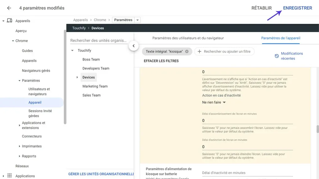 Enregistrement des paramètres d'appareils dans Google Admin