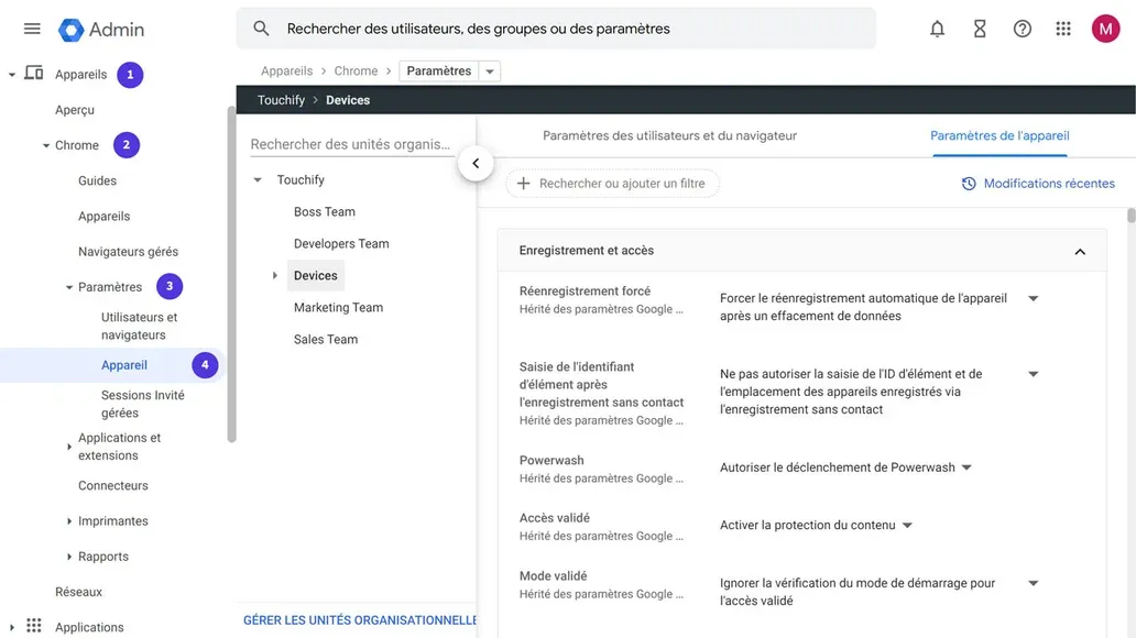 Paramètres d'appareils dans Google Admin