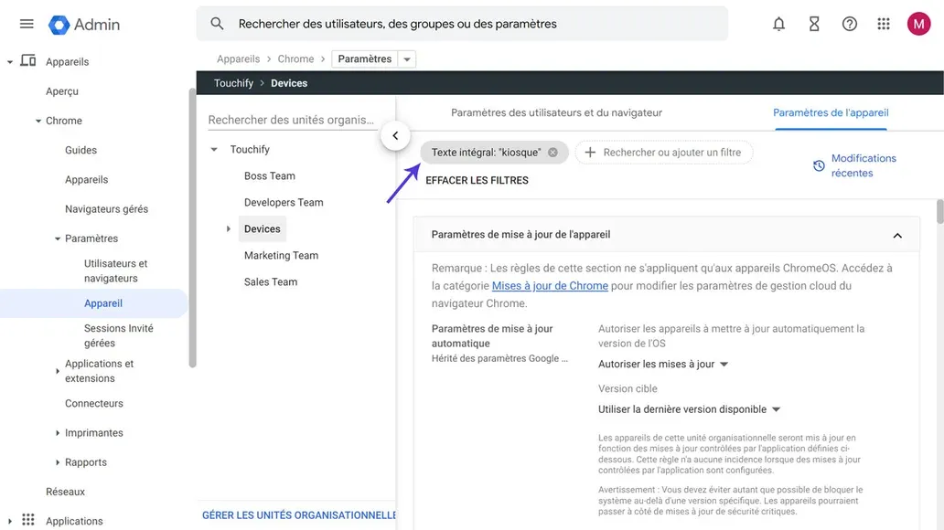 Paramètres kiosques d'appareils dans Google Admin