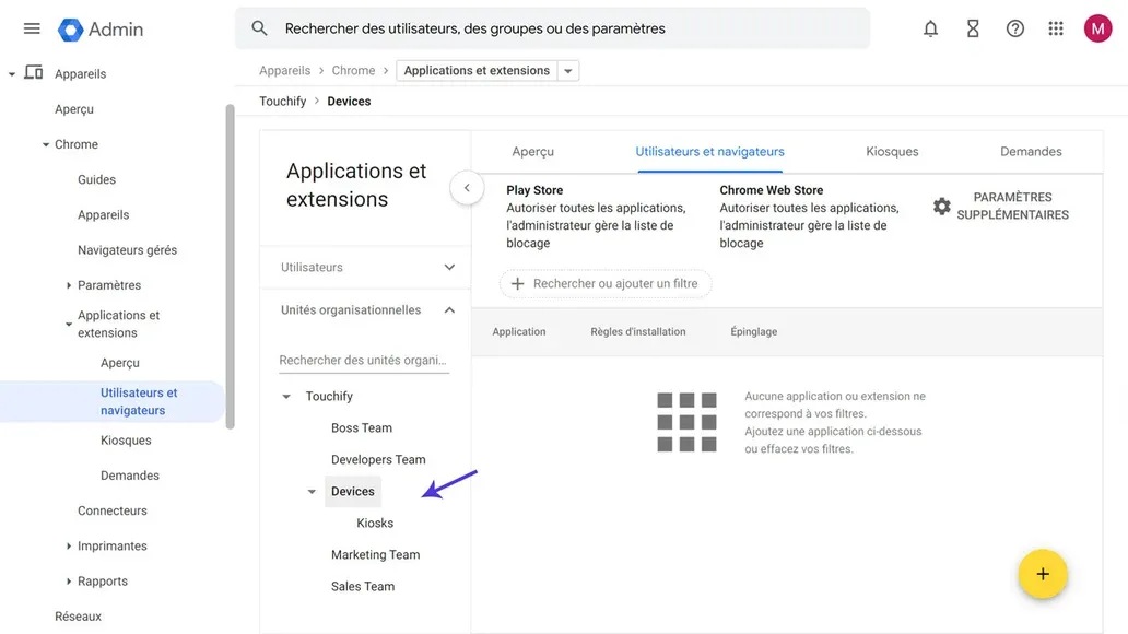 Sélection d'unité organisationnelle dans Google Admin