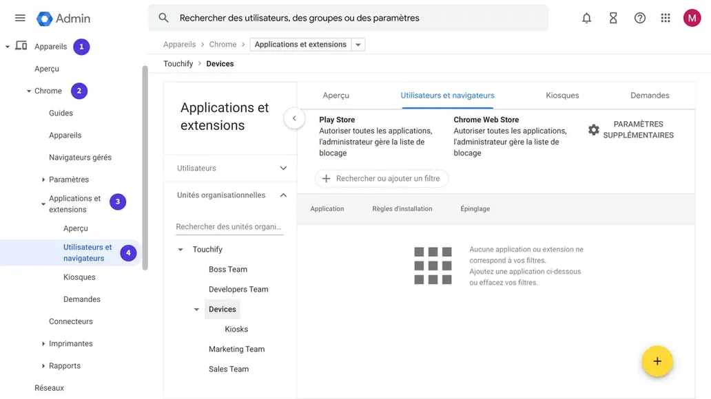 Menu applications dans Google Admin