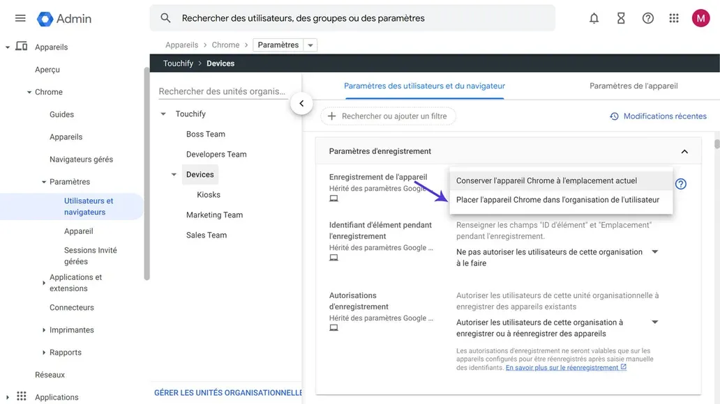 Options des paramètres d'enregistrement des appareils dans Google Admin