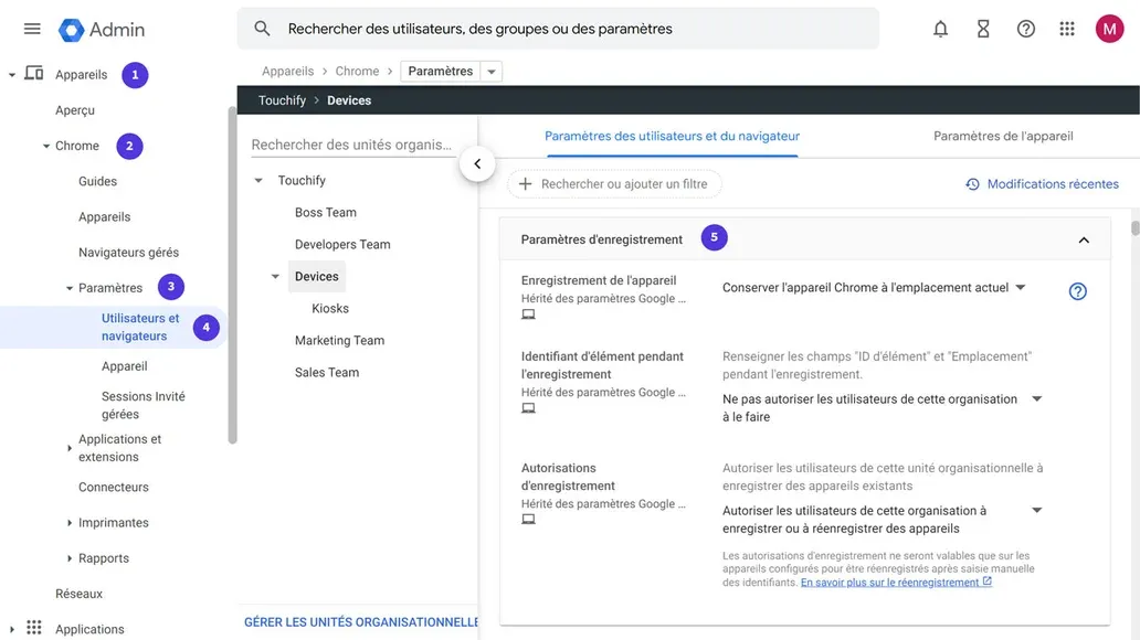 Paramètres d'enregistrement des appareils dans Google Admin