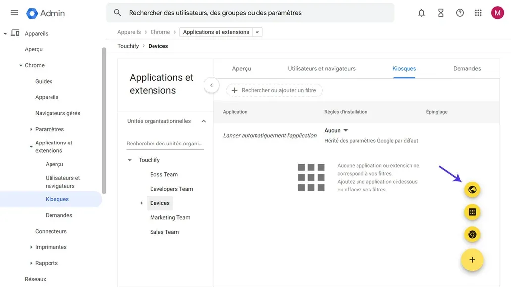 Ajout d'une application kiosque dans Google Admin