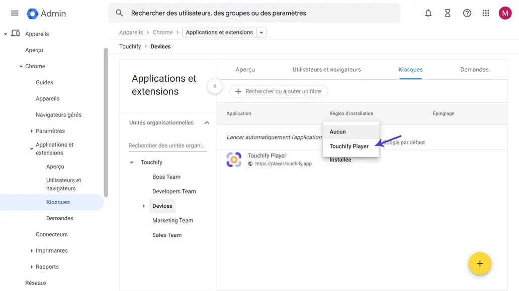 Lancement automatique d'une application kiosque dans Google Admin