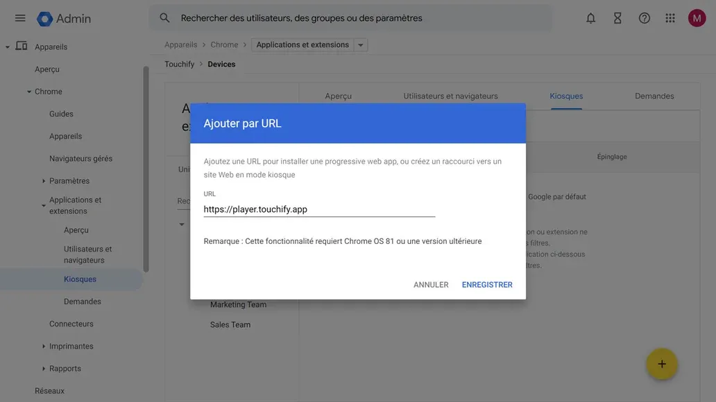 Formulaire d'ajout d'une application kiosque dans Google Admin