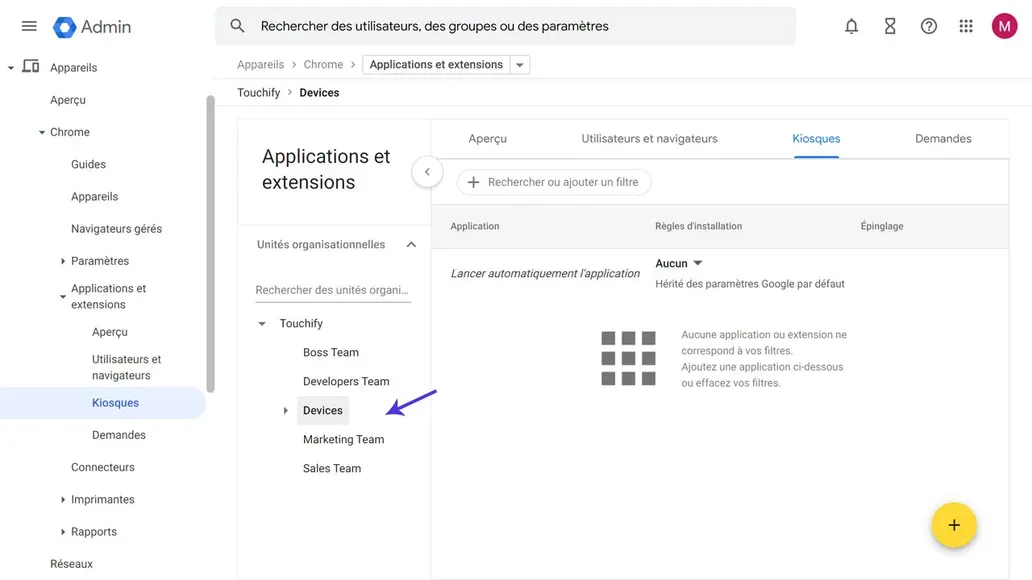 Sélection d'une unité organisationnelle dans le menu kiosques dans Google Admin