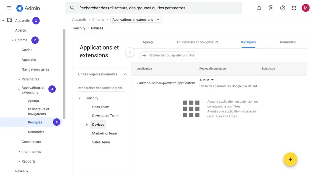 Menu kiosques dans Google Admin
