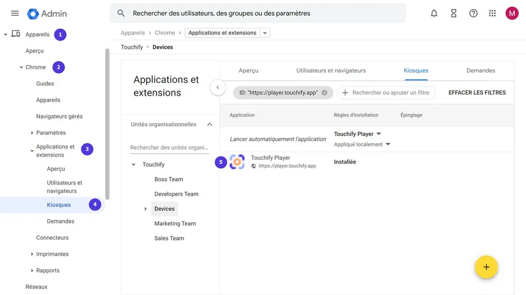 Panneau des applications kiosques dans Google Admin