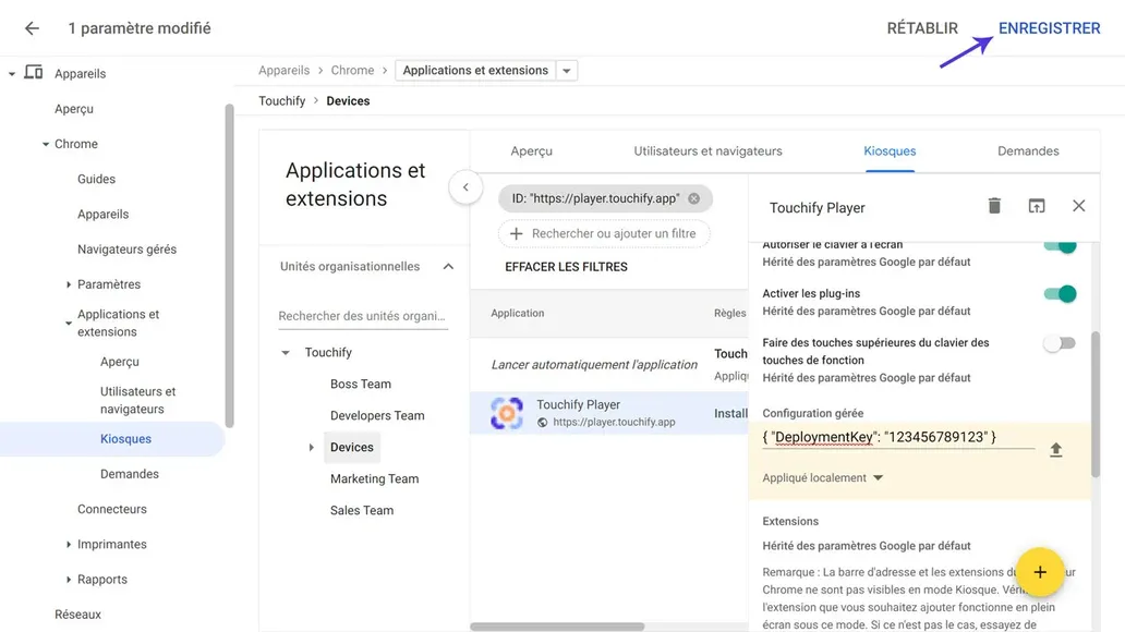 Enregistrement des paramètres d'application kiosque dans Google Admin
