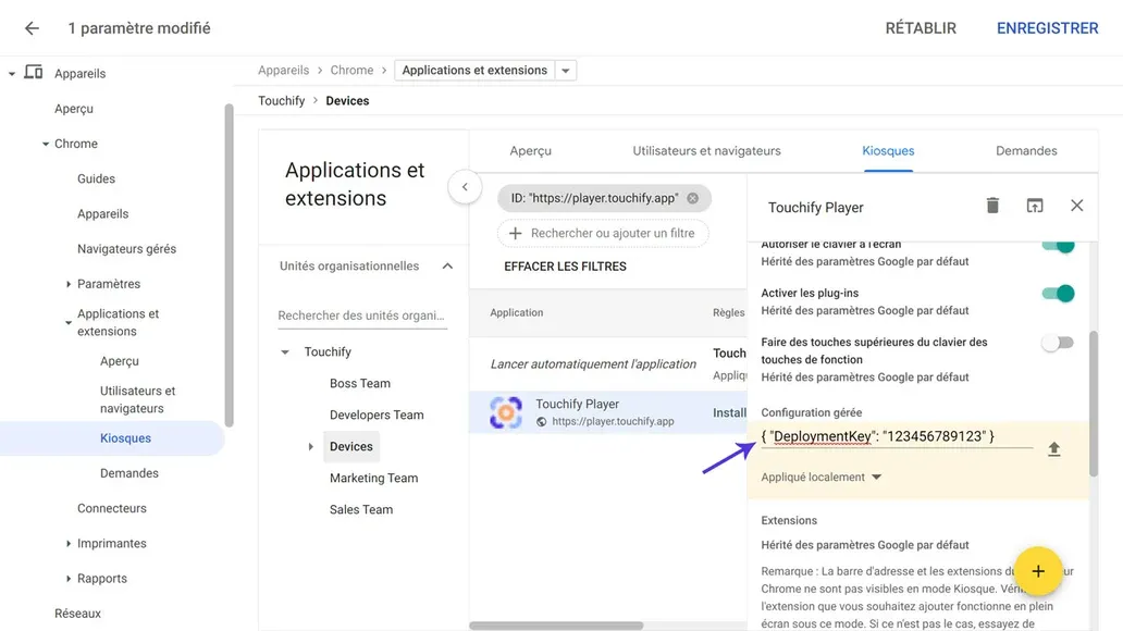 Paramètres d'application kiosque dans Google Admin