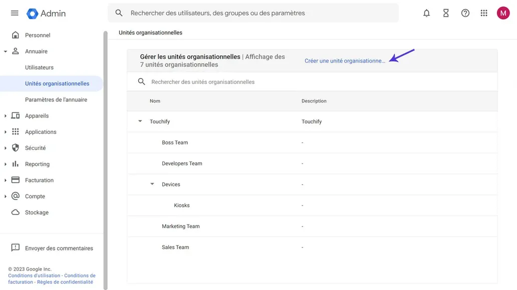 Création d'une unité organisationnelle dans Google Admin