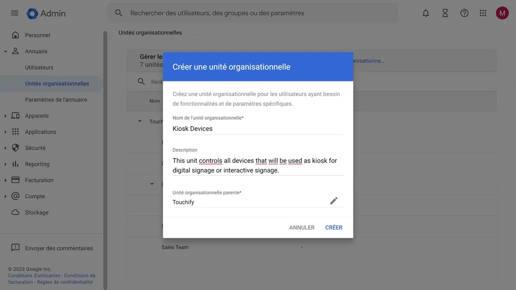 Formulaire de création d'une unité organisationnelle dans Google Admin