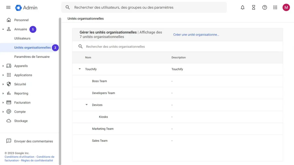 Panneau des unités organisationnelles dans Google Admin