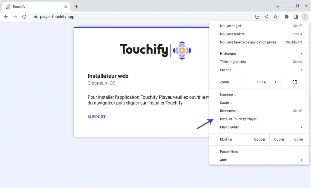 Menu de Chrome sur ChromeOS