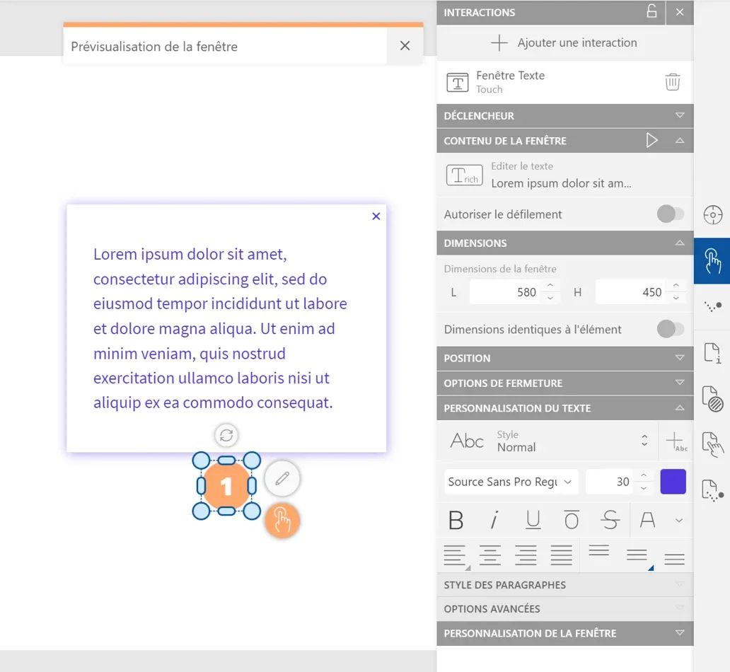 Edition d'une fenêtre texte dans Touchify Studio