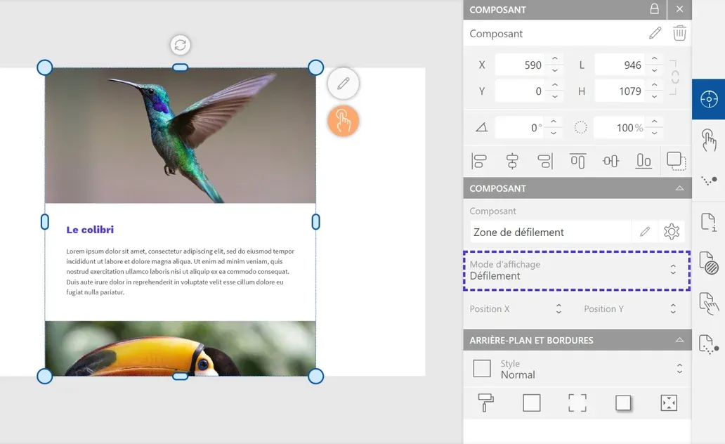 Configurer le mode défilement sur un composant