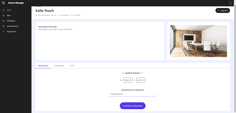 Sélection d'un créneau dans une salle de réunion dans Rooms Manager