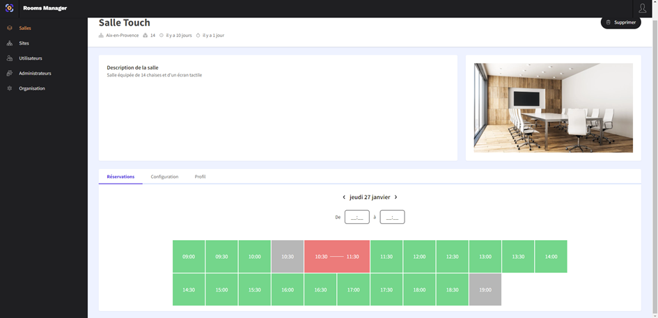 Sélection d'un créneau dans une salle de réunion dans Rooms Manager