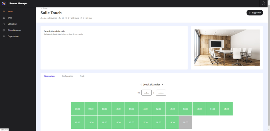 Page d'une salle de réunion dans Rooms Manager