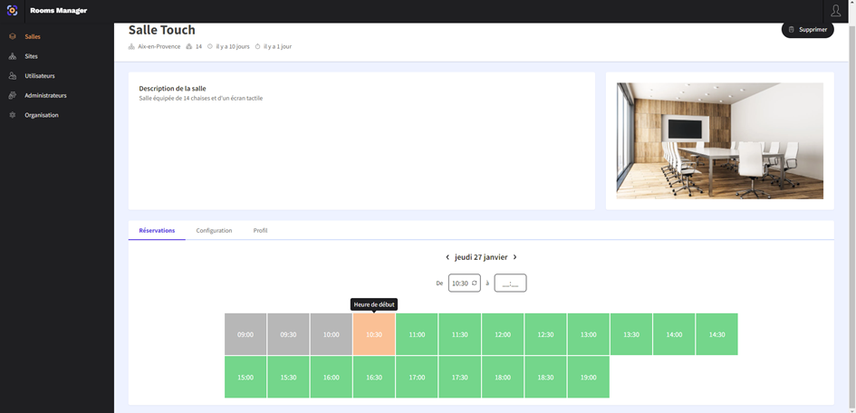 Sélection d'un créneau dans une salle de réunion dans Rooms Manager