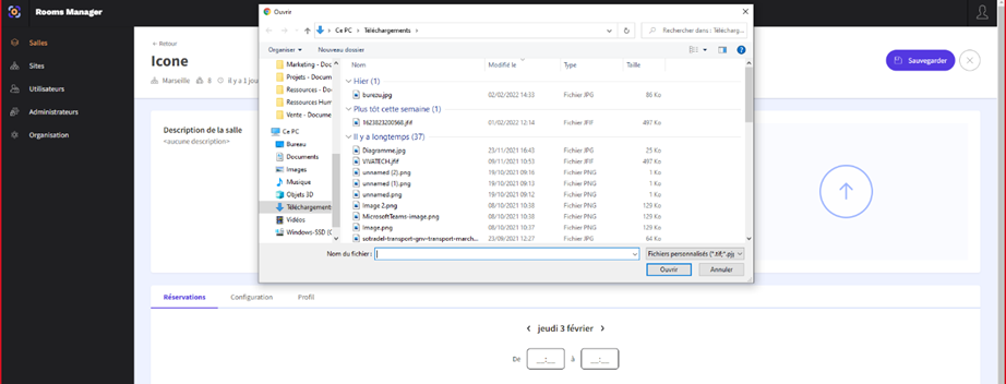 Chargeement d'une image pour une salle de réunion dans Rooms Manager