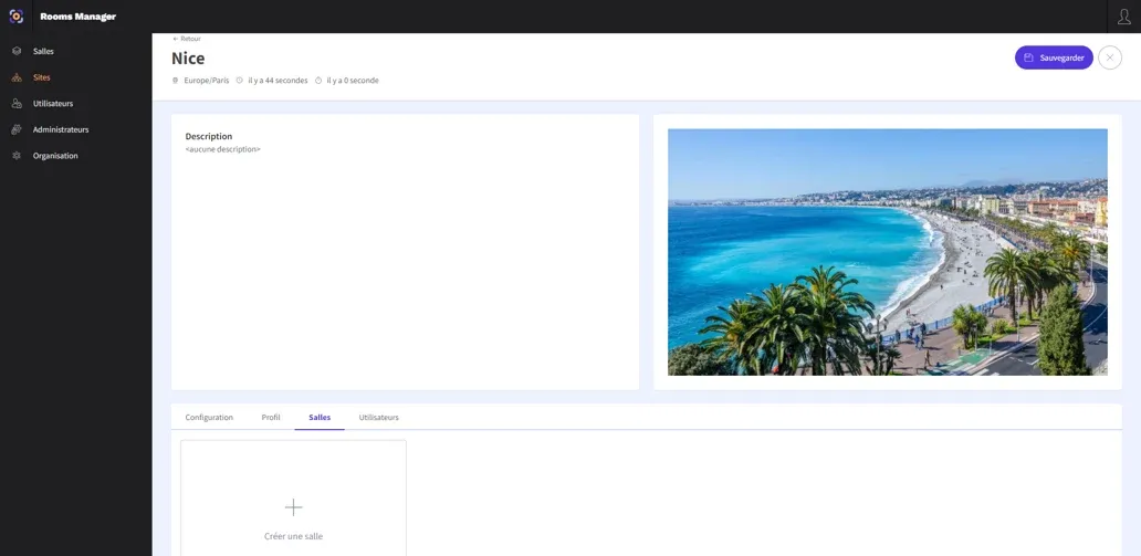 Page de configuration d'un site dans Rooms Manager