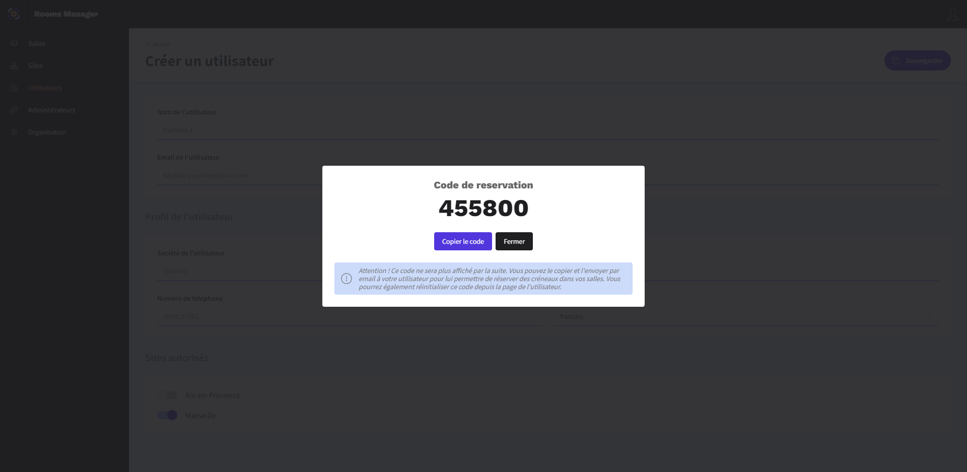 Réinitialisation du code de réservation d'un utilisateur dans Rooms Manager