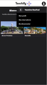 Menu utilisateur dans l'application mobile de Rooms Manager