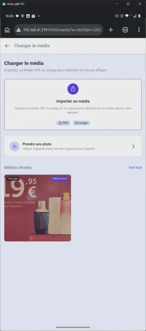 Sélection d'un média dans l'application standalone e-paper