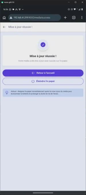 Confirmation de l'envoi du média sur l'écran e-paper