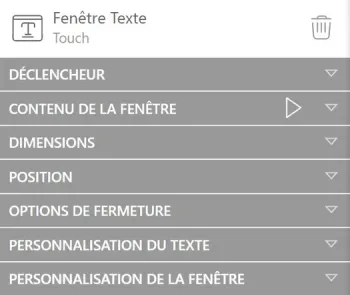 Options de l'interaction Fenêtre Texte