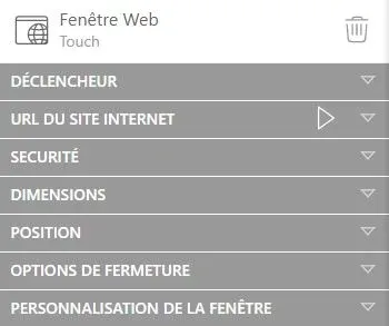 Options de l'interaction Fenêtre Web