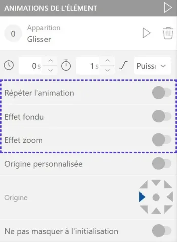 Options d'effets d'une animation